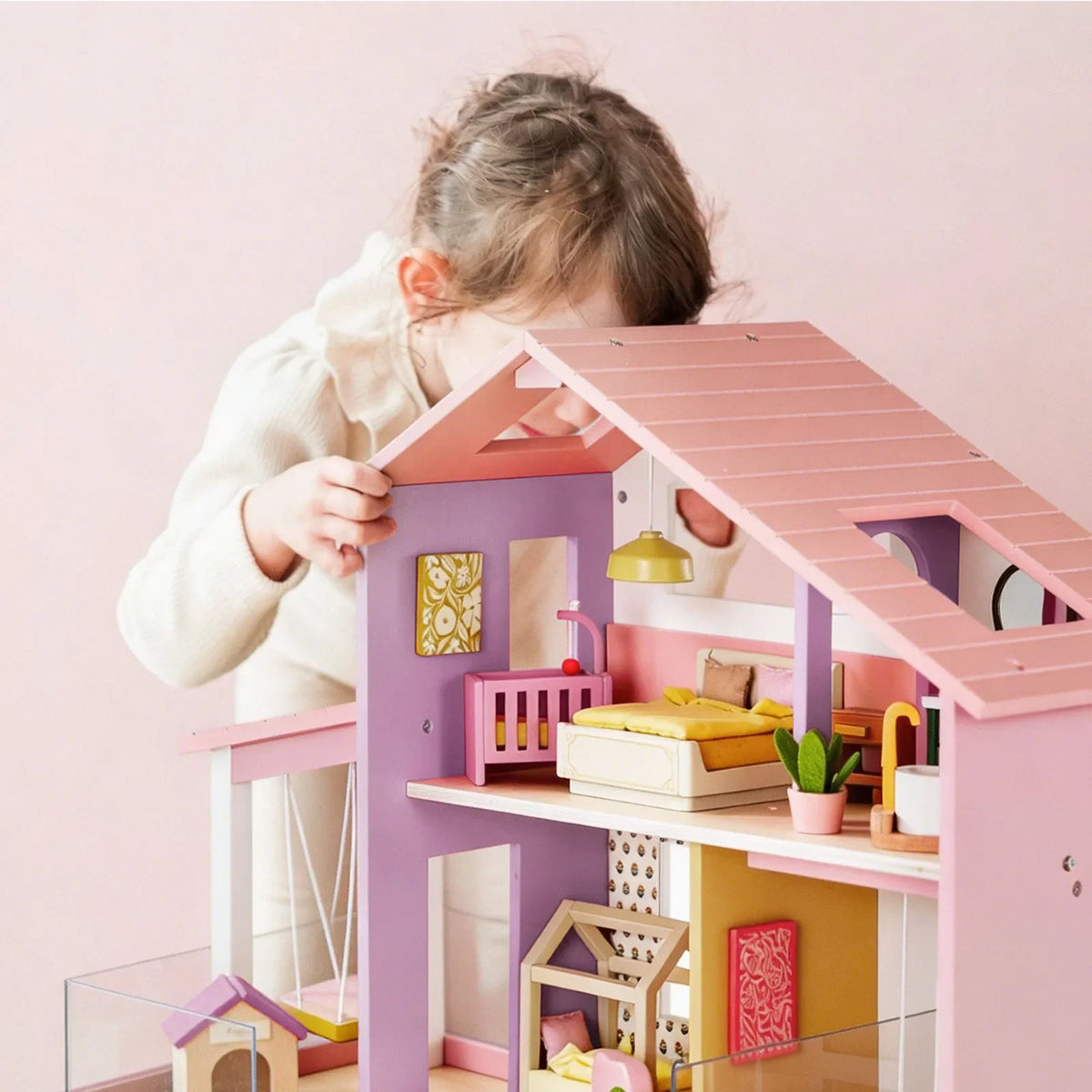 Tiny Land® Sweetwood Edge Wooden Dollhouse with Furniture – 3-Story 1:12 Scale Dollhouse, Green or Pink, Ages 3+