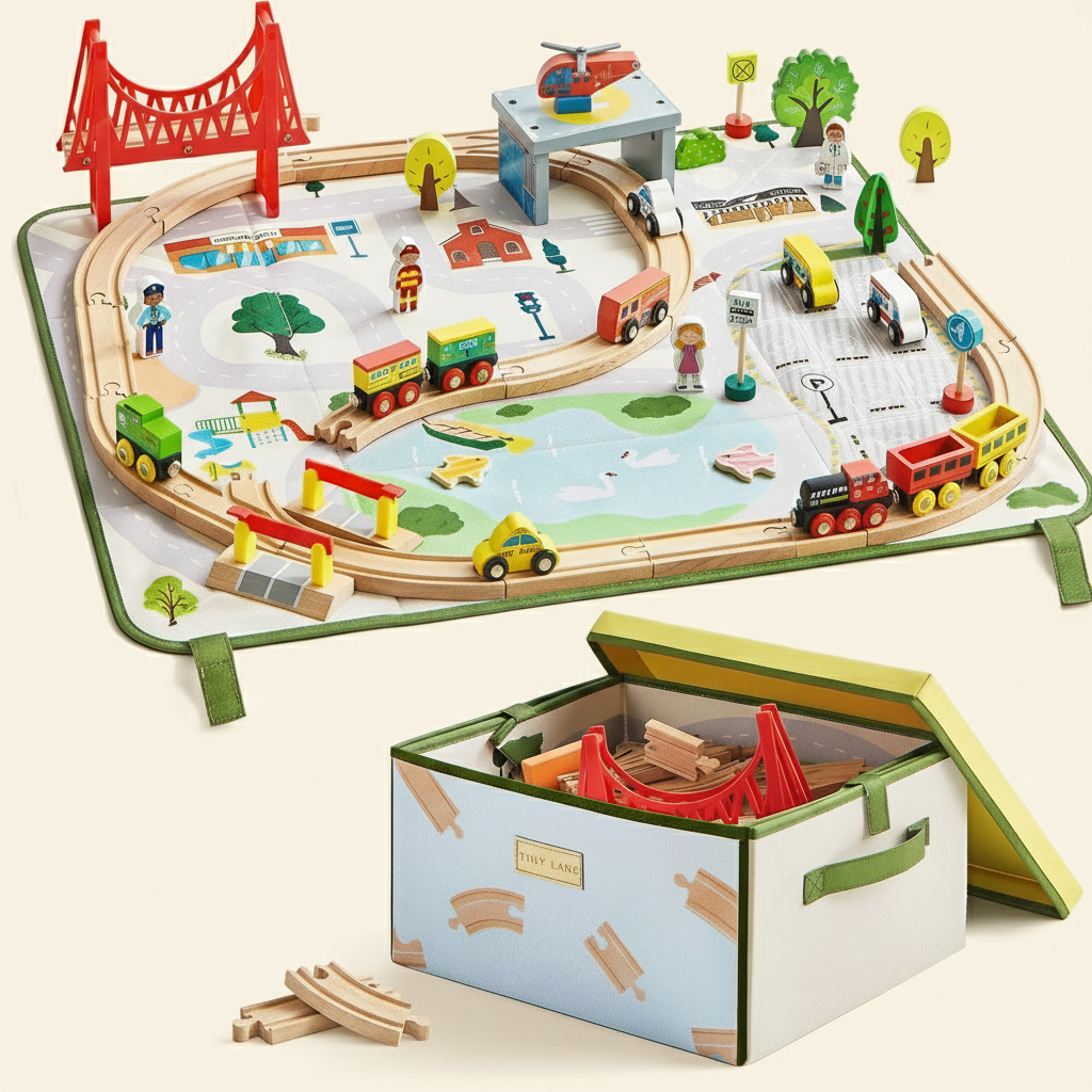 Tiny Land 110-Piece Wooden Train Set with Folding Storage Box – City Play Mat Train Set