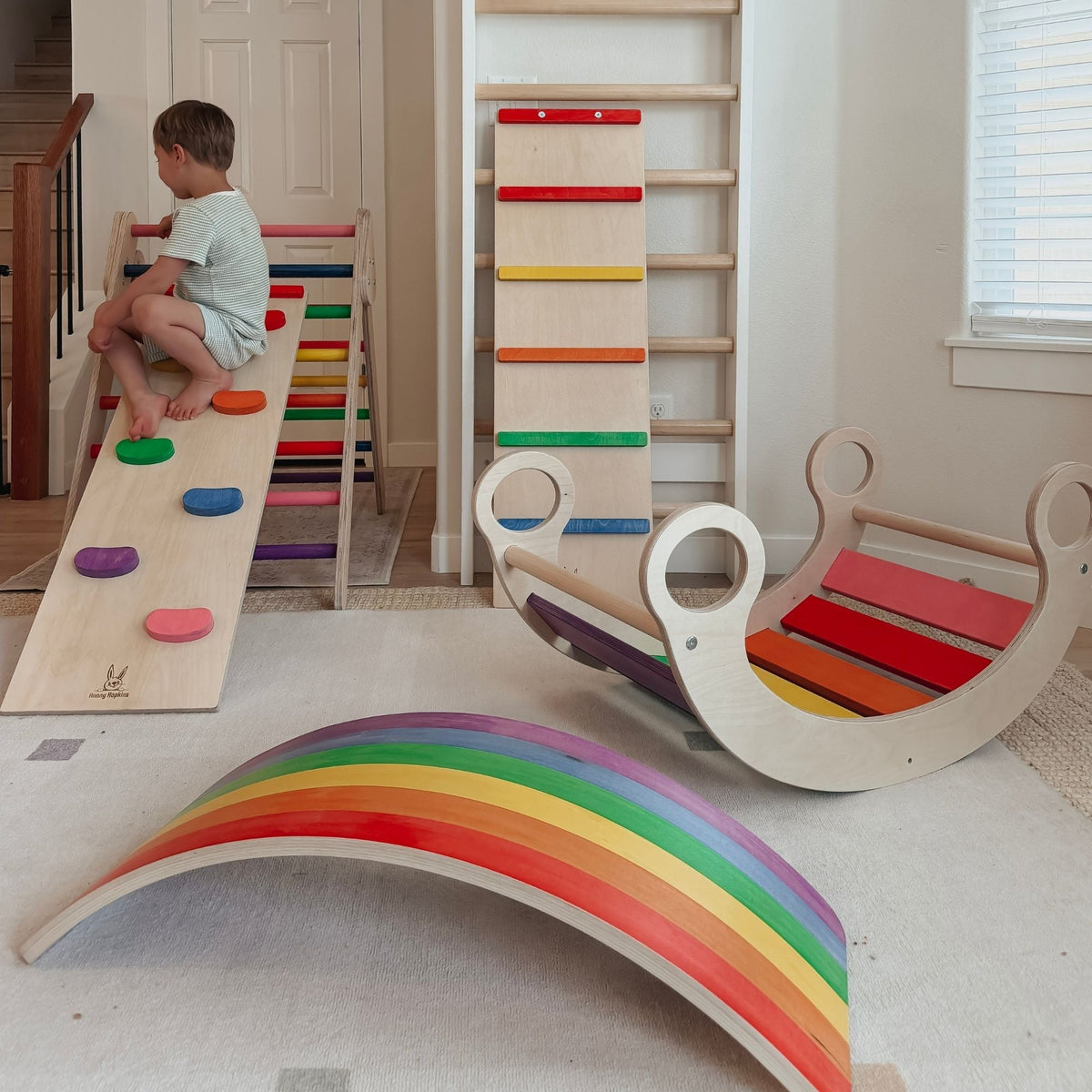 Bunny Hopkins Complete Home Adventure Playset – Pikler Triangle, 2 Ramps, Climbing Arch and Wobble Board, Made in the USA