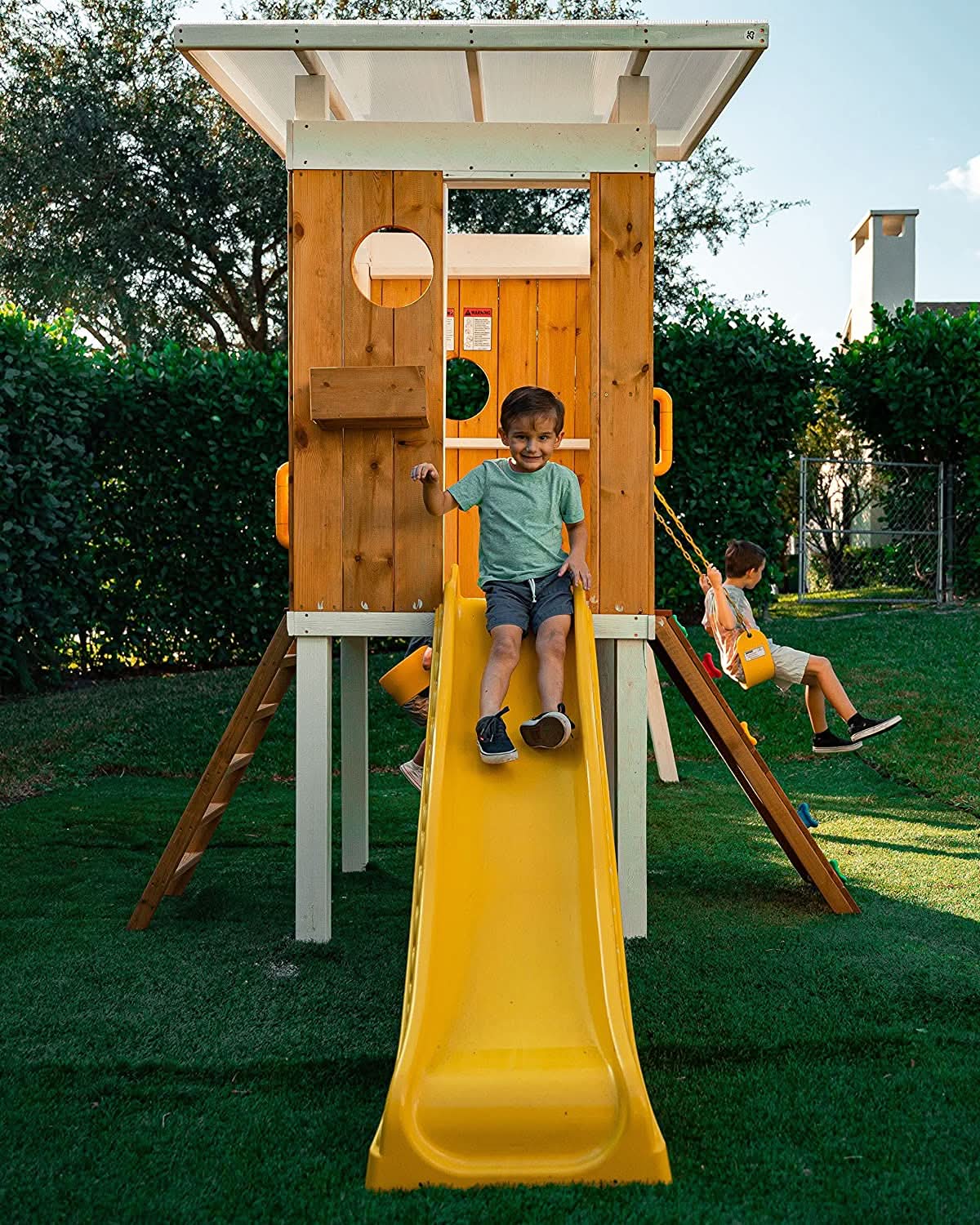 Avenlur Forest: Modern Eco-Friendly Non-Toxic Backyard Wooden Swing Set with Slide, Fort & Rock Wall for Up to 7 Kids