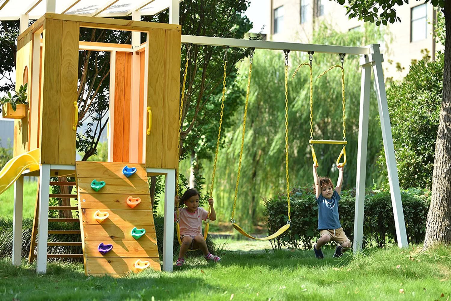 Avenlur Forest: Modern Eco-Friendly Non-Toxic Backyard Wooden Swing Set with Slide, Fort & Rock Wall for Up to 7 Kids