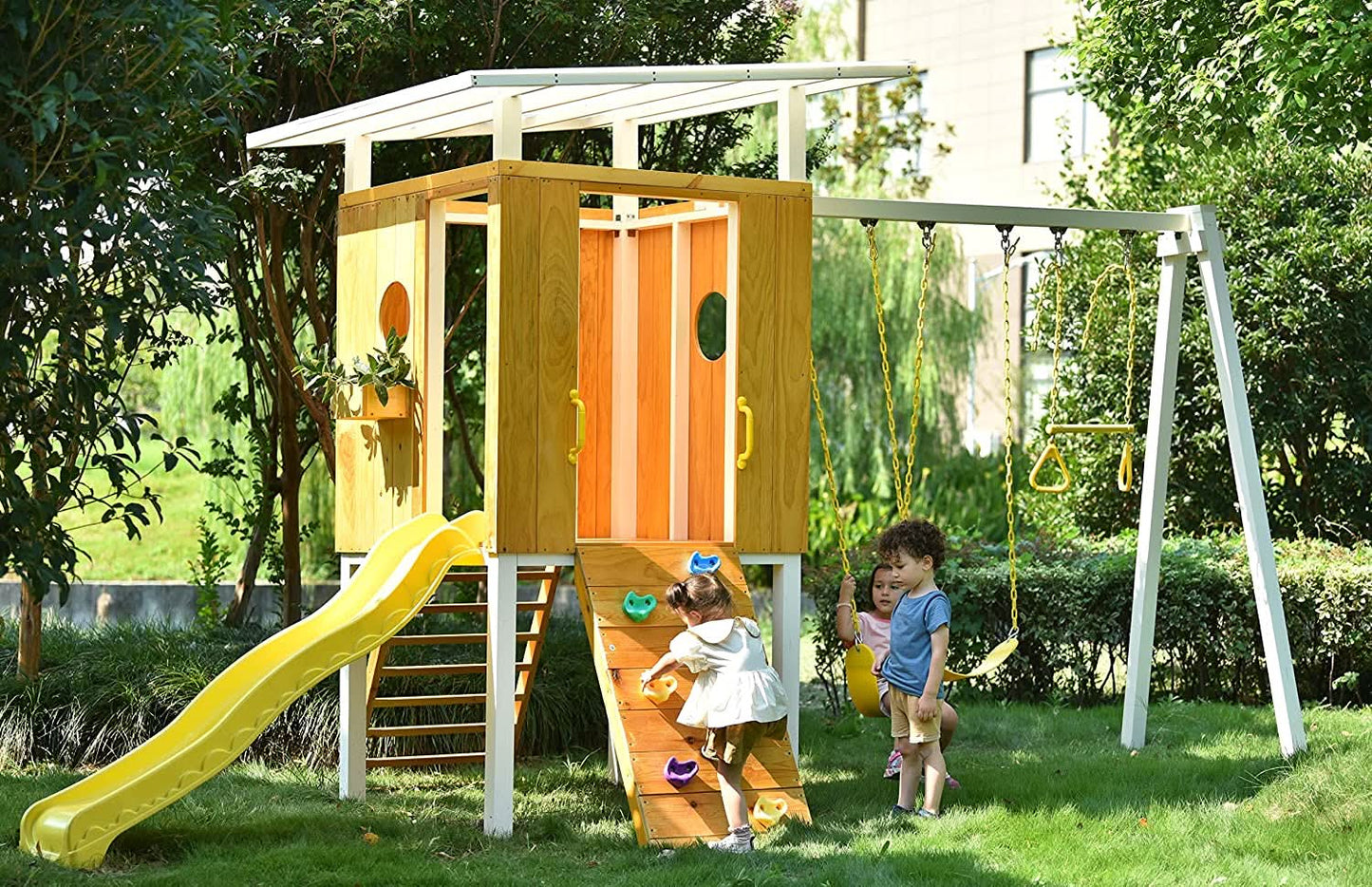 Avenlur Forest: Modern Eco-Friendly Non-Toxic Backyard Wooden Swing Set with Slide, Fort & Rock Wall for Up to 7 Kids