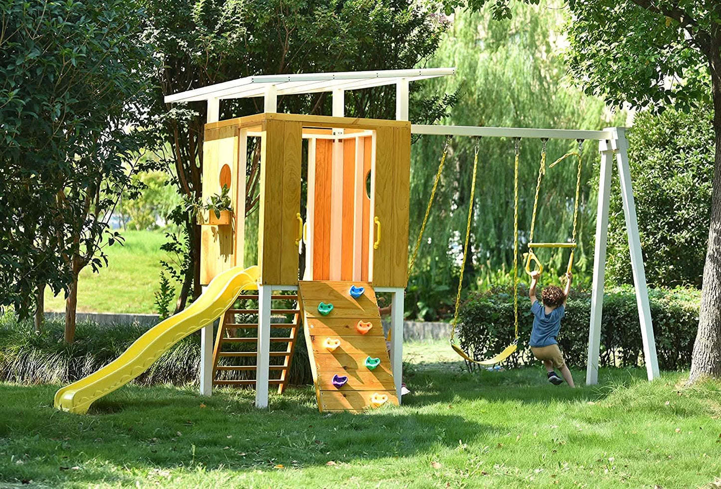 Avenlur Forest: Modern Eco-Friendly Non-Toxic Backyard Wooden Swing Set with Slide, Fort & Rock Wall for Up to 7 Kids