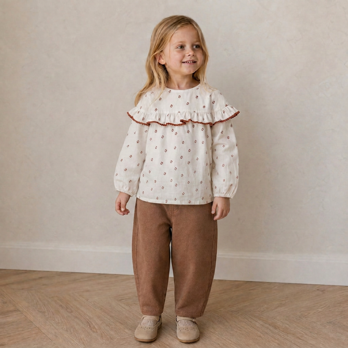 Organic Cotton Ruffle Button Blouse for Toddlers – Forest Scatter