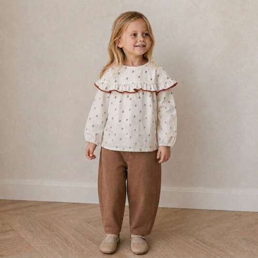 Organic Cotton Ruffle Button Blouse for Toddlers – Forest Scatter