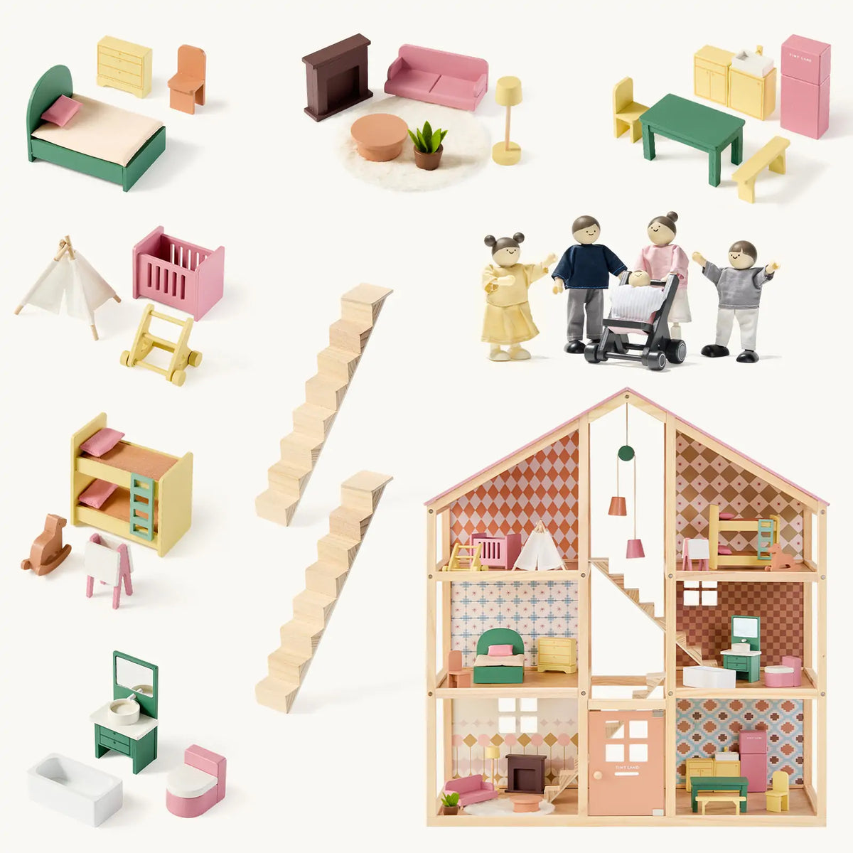 Tiny Land® Sweetwood Pegasus Wooden Dollhouse with Doll Family – 31-Piece Furniture Set & Stroller, Ages 3+