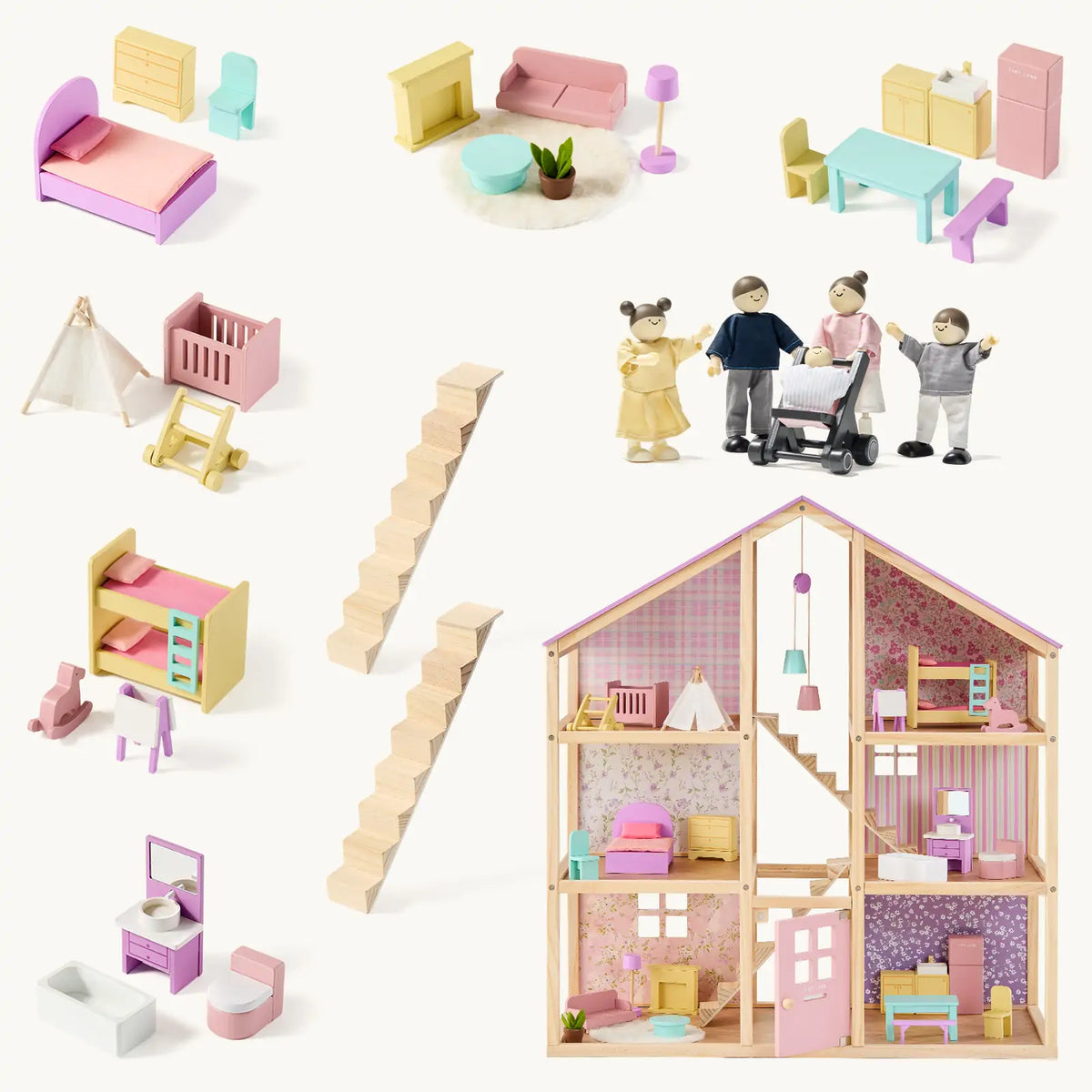 Tiny Land® Sweetwood Unicorn Wooden Dollhouse with Doll Family – 31-Piece Furniture Set & Stroller, Ages 3+