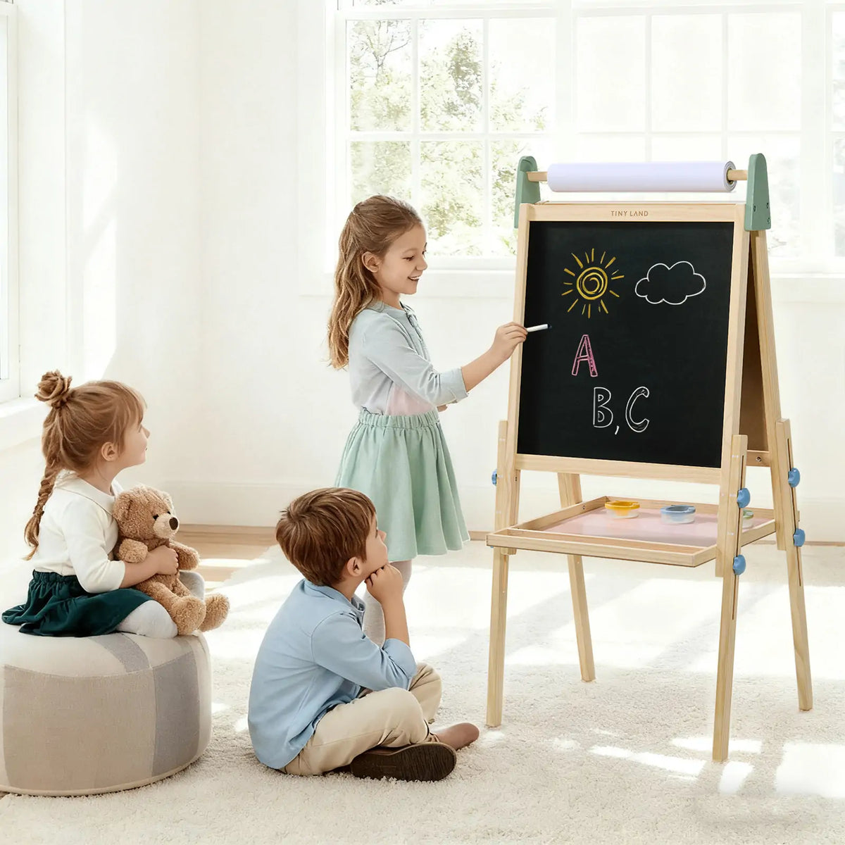 Tiny Land 3-in-1 Kids Art Easel – Chalkboard, Magnetic Whiteboard & Paper Roll