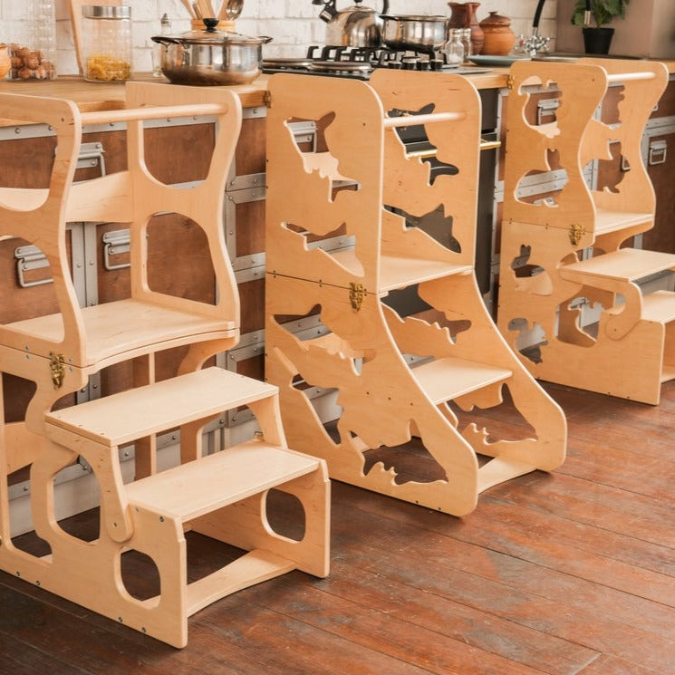 Wood and Hearts Eco-Friendly Wooden Convertible Kids' Kitchen Tower Step Stool Table and Chair