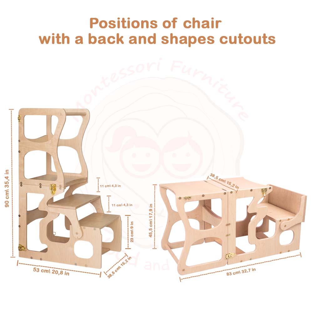 Wood and Hearts Eco-Friendly Wooden Convertible Kids' Kitchen Tower Step Stool Table and Chair