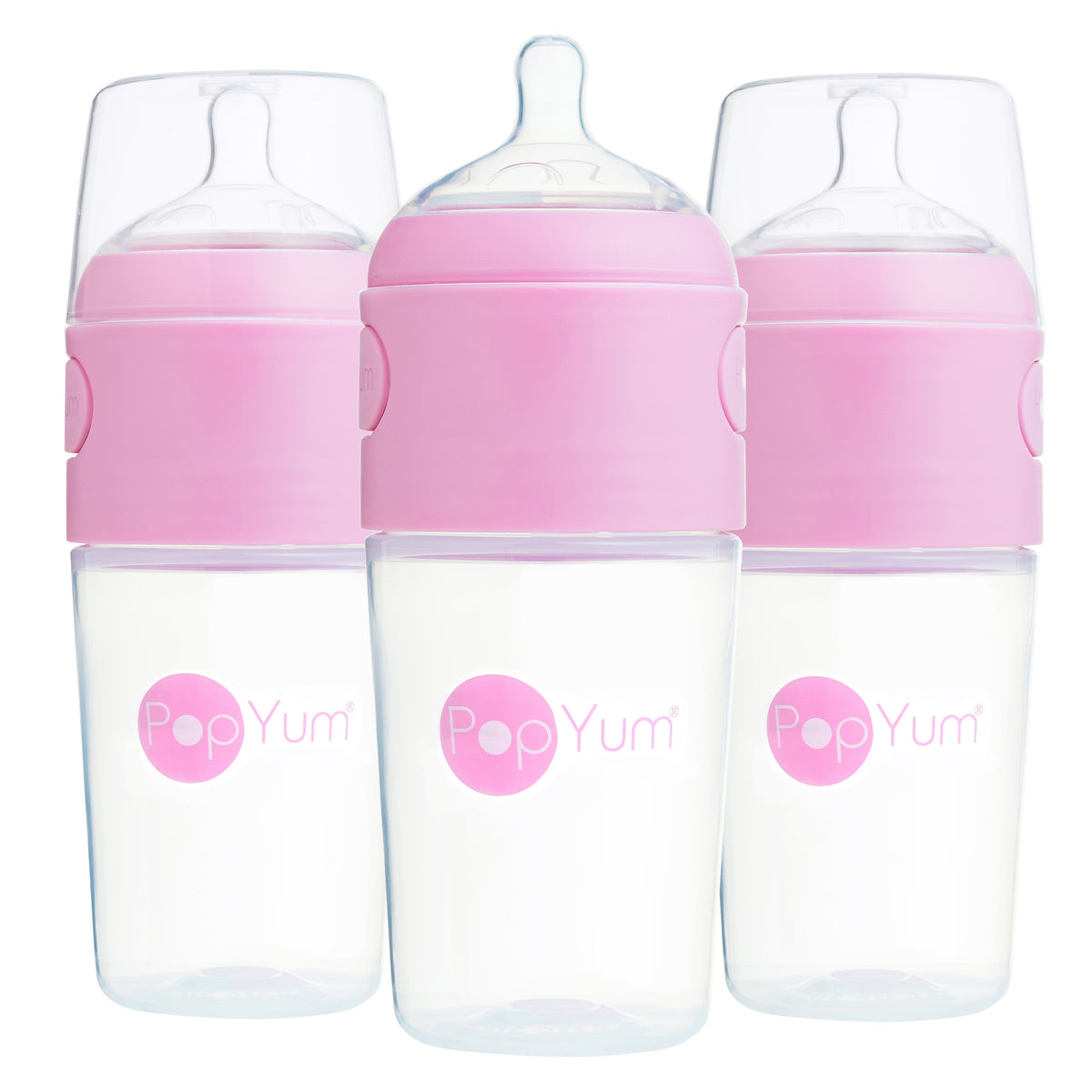 PopYum 9oz Anti-Colic Formula-Making Baby Bottles, 3-Pack – Pink, #2 Medium Flow Nipples