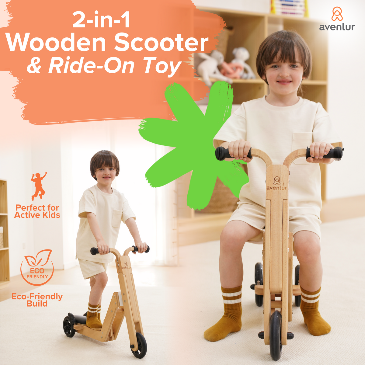 Avenlur Juneberry 2-in-1 Wooden Ride-On & Scooter for Toddlers – FSC-Certified Wood
