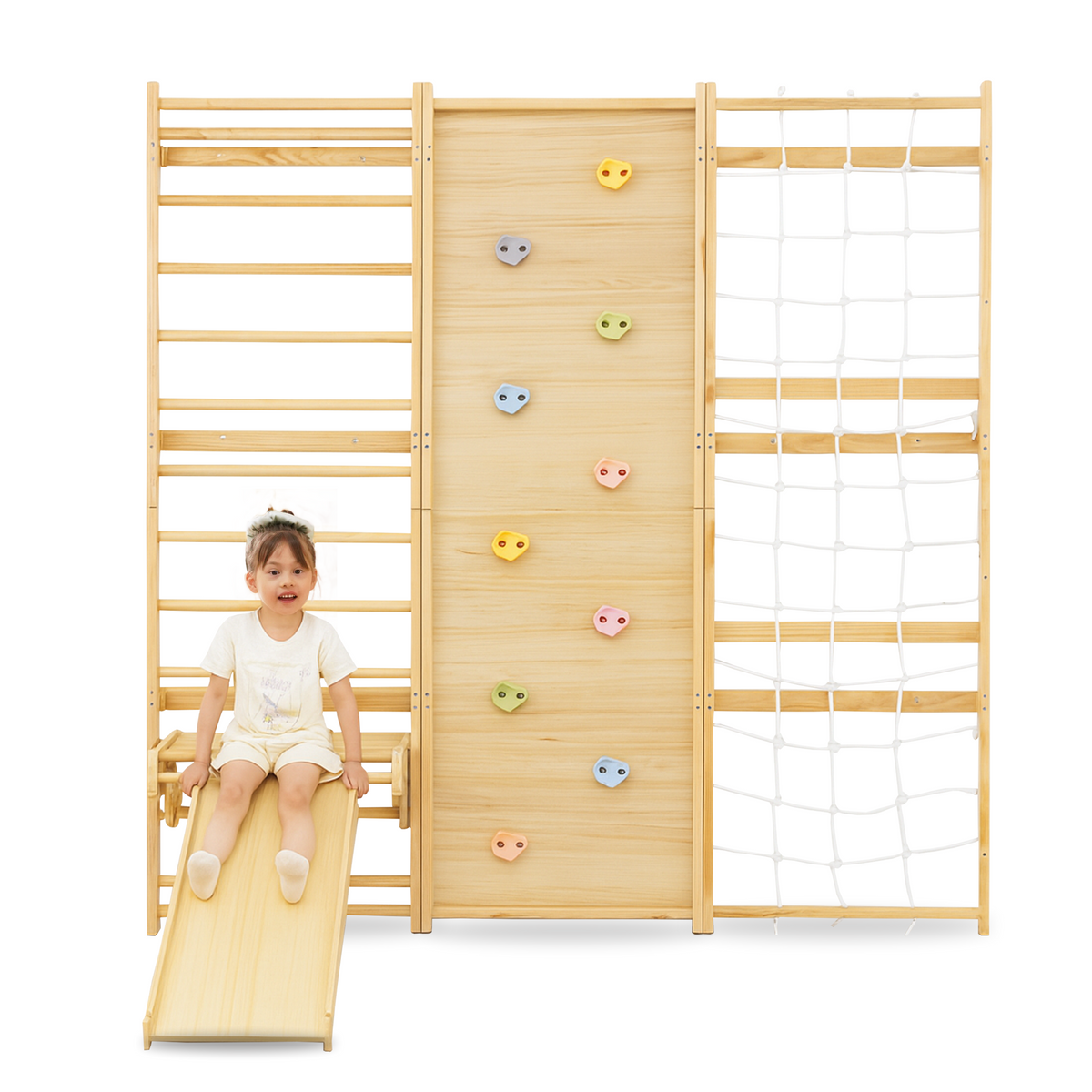 Avenlur Walnut Modular Swedish Ladder Wall Gym – 9-Activity Wall-Mounted Pine Climbing Gym