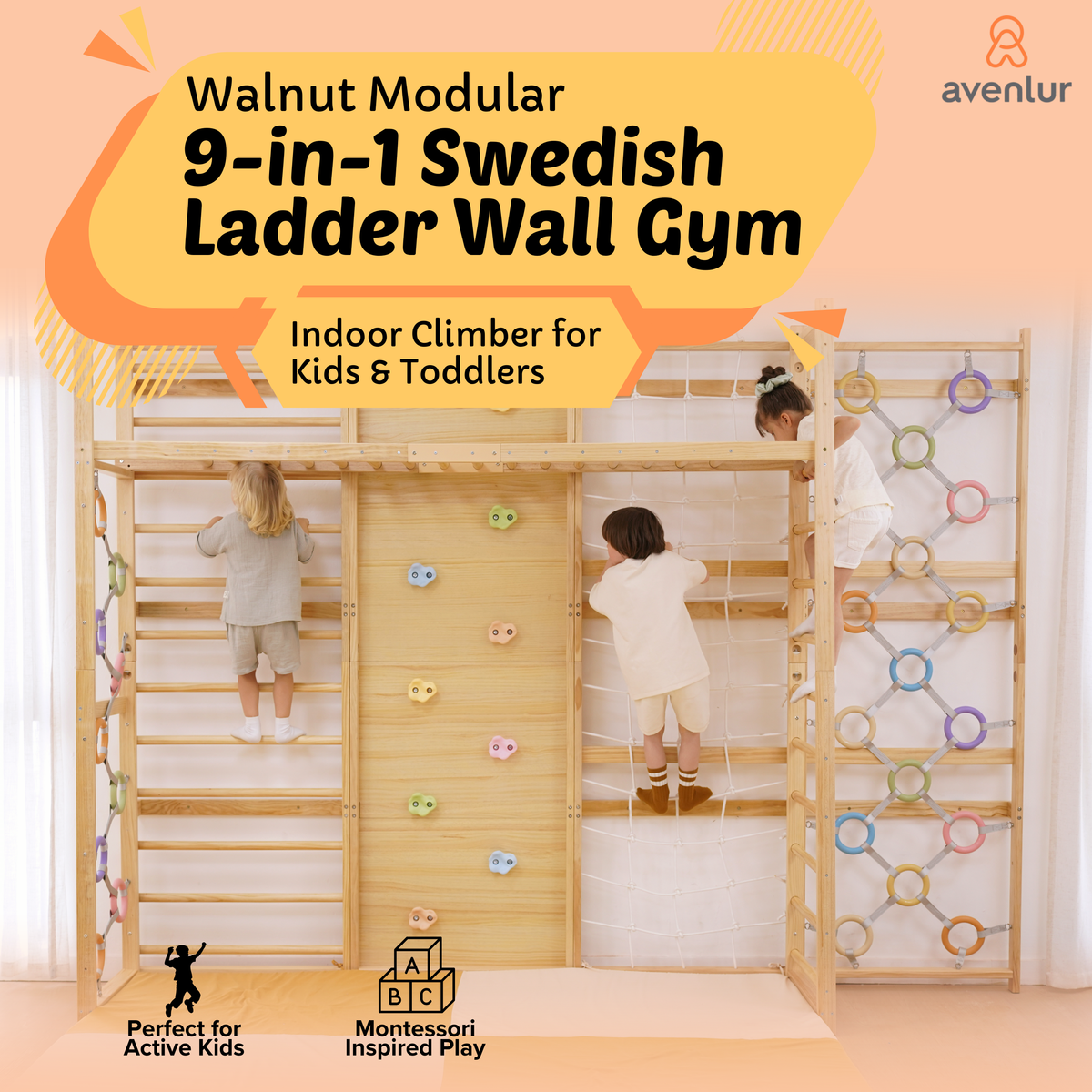 Avenlur Walnut Modular Swedish Ladder Wall Gym – 9-Activity Wall-Mounted Pine Climbing Gym