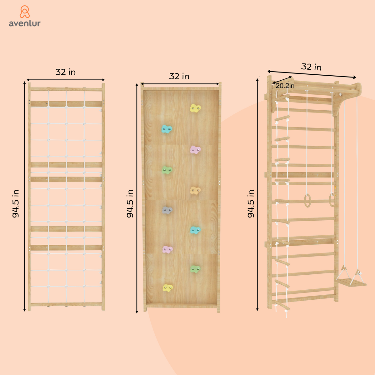 Avenlur Walnut Modular Swedish Ladder Wall Gym – 9-Activity Wall-Mounted Pine Climbing Gym