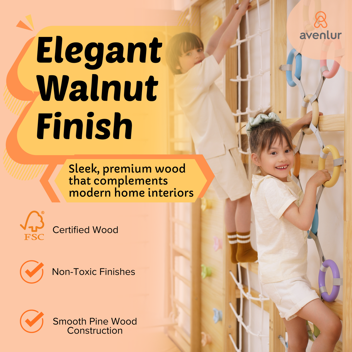 Avenlur Walnut Modular Swedish Ladder Wall Gym – 9-Activity Wall-Mounted Pine Climbing Gym