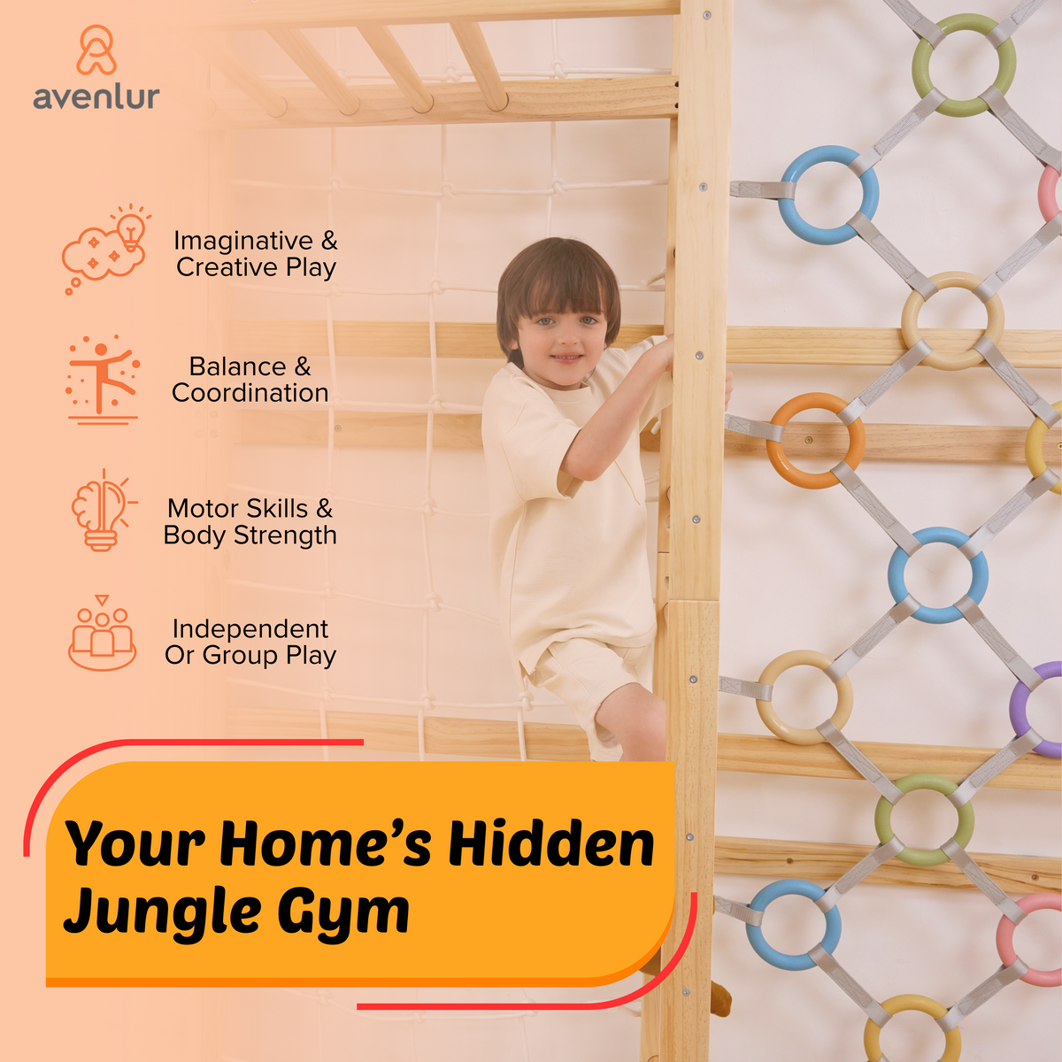 Avenlur Walnut Modular Swedish Ladder Wall Gym – 9-Activity Wall-Mounted Pine Climbing Gym