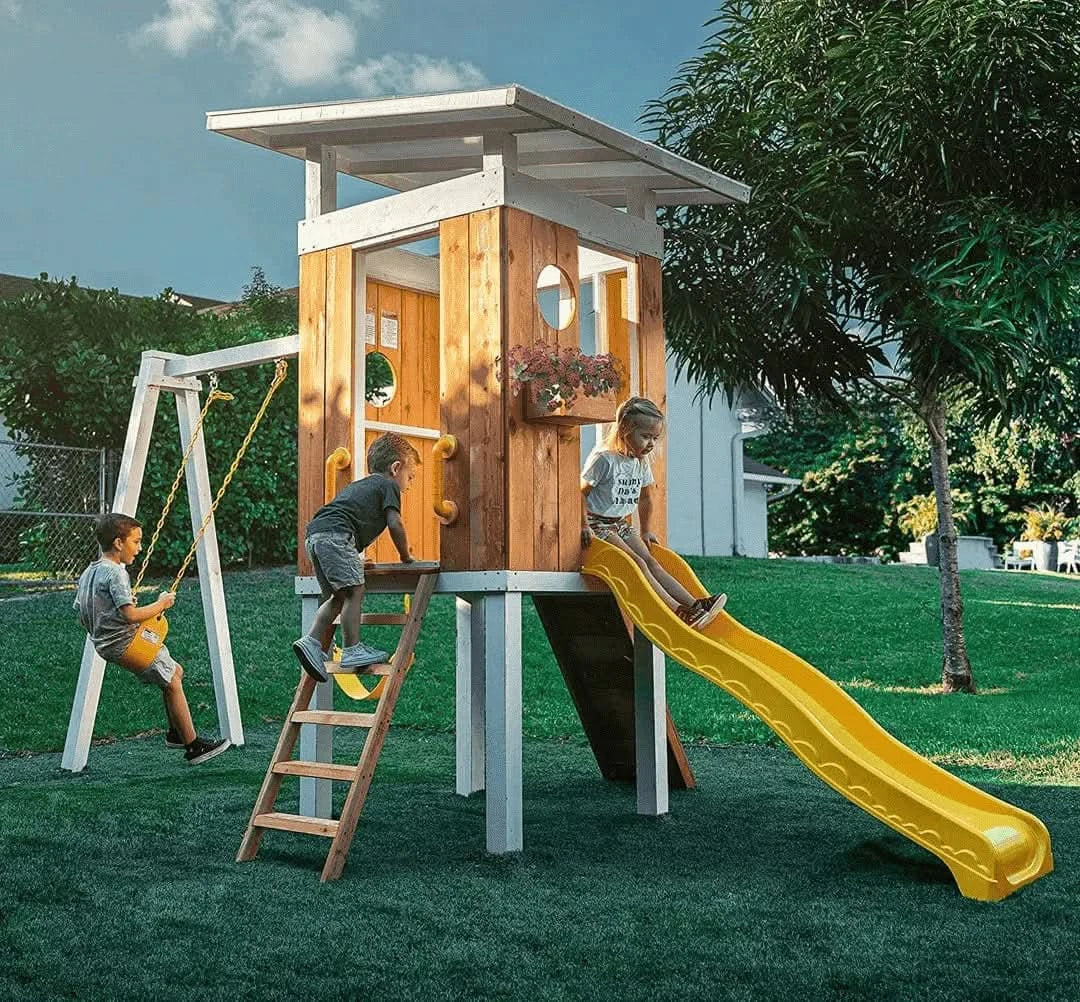 large sustainable eco-friendly non-toxic low tox kids outdoor playground jungle gym with slide swing set