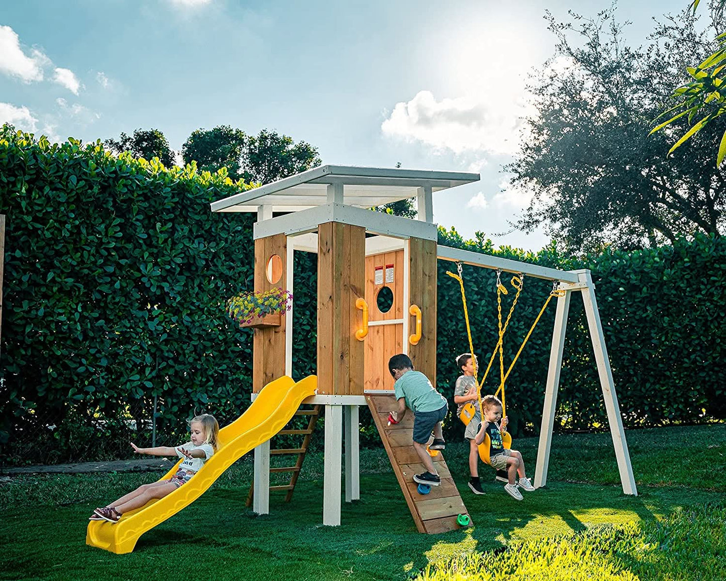 Avenlur Forest: Modern Eco-Friendly Non-Toxic Backyard Wooden Swing Set with Slide, Fort & Rock Wall for Up to 7 Kids