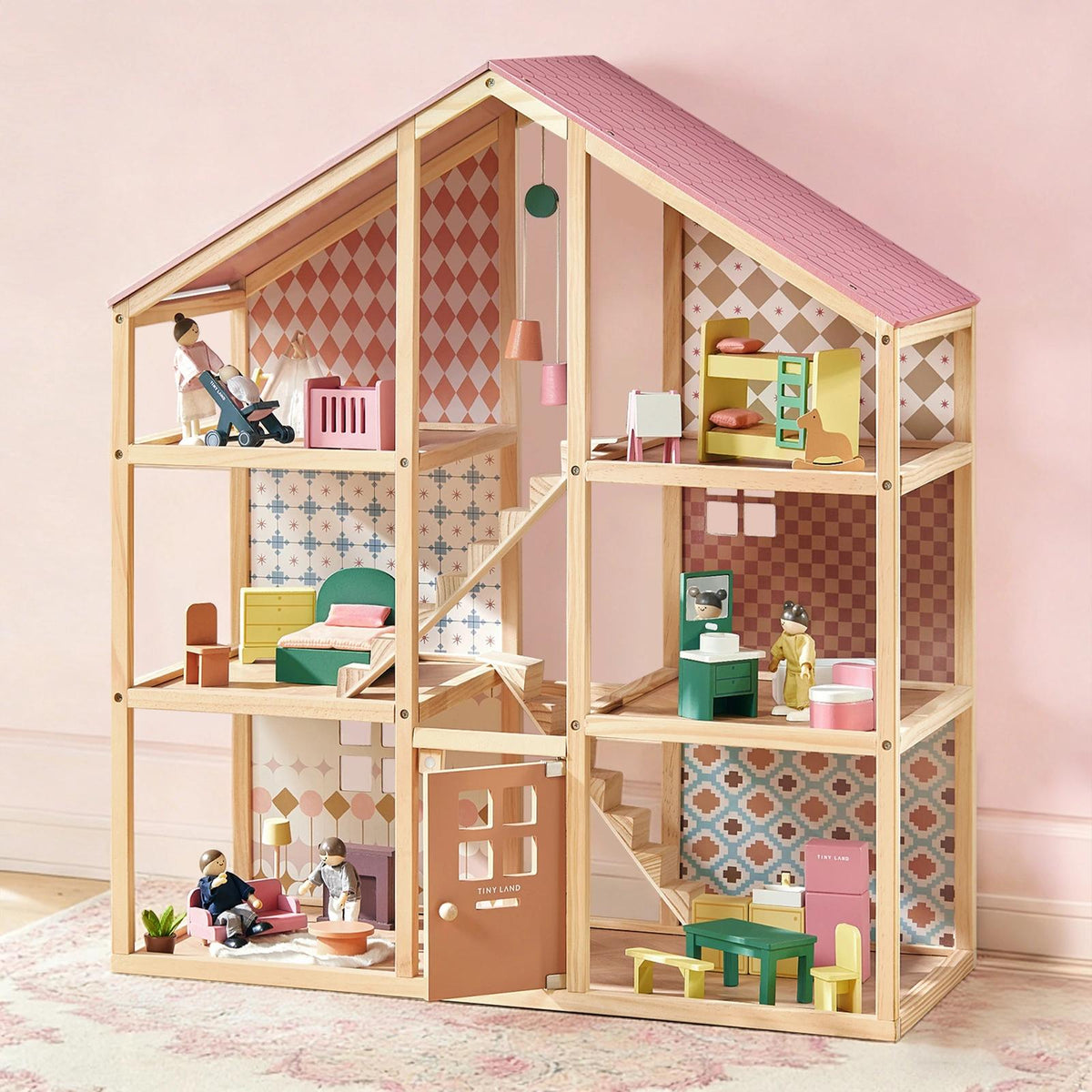 Tiny Land® Sweetwood Pegasus Wooden Dollhouse with Doll Family – 31-Piece Furniture Set & Stroller, Ages 3+