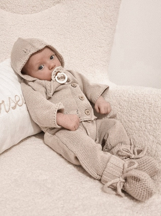 Organic cotton knit baby outfit coming home outfit gender neutral beige
