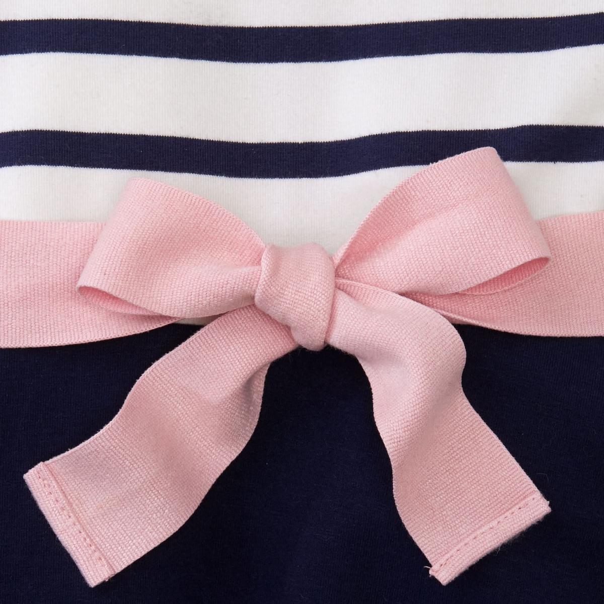 Baby Lightweight Blocked Organic Skater Dress - Navy with Light Pink Ribbon