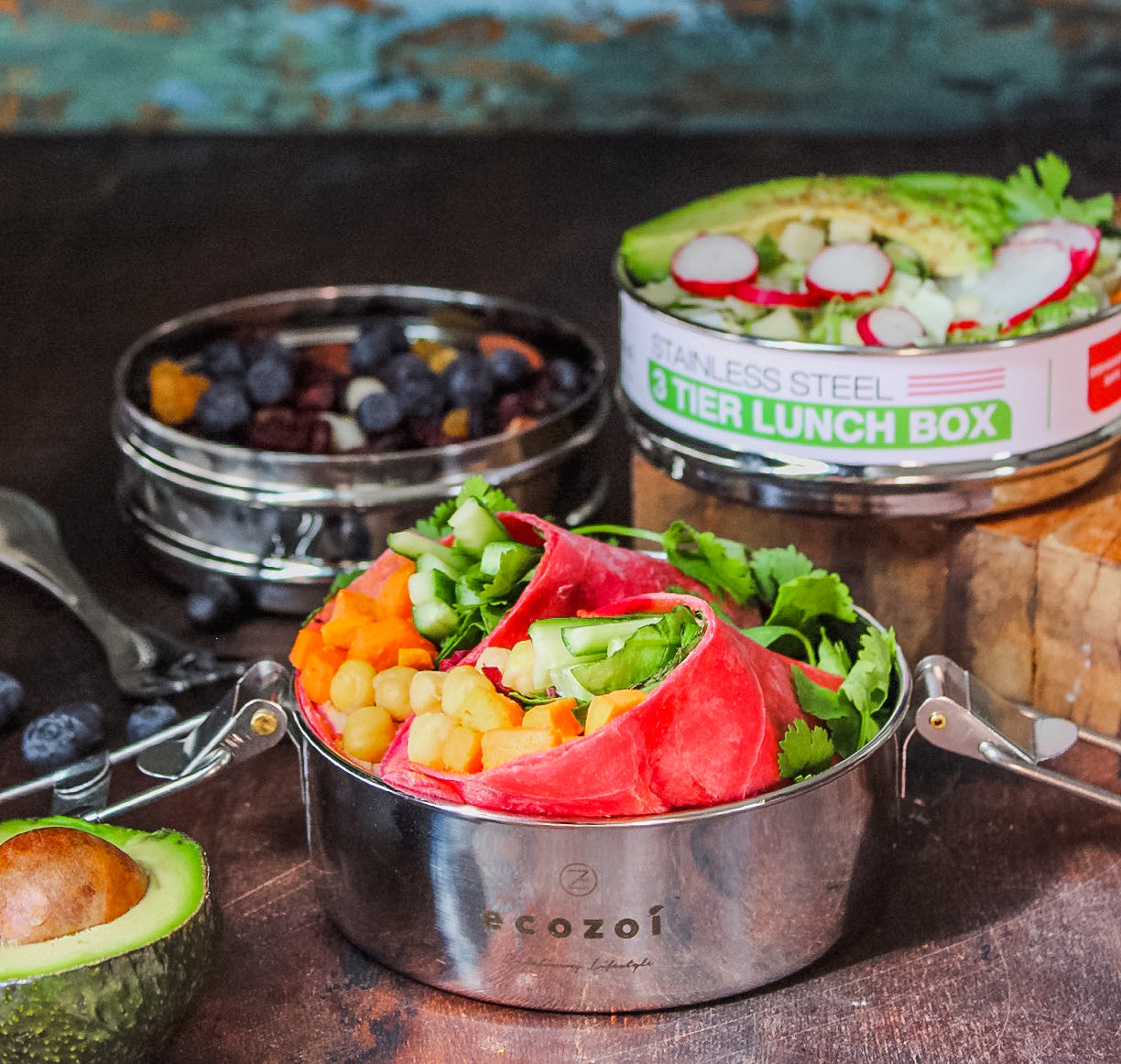 Stainless Steel Lunch Box, 3 Tier Round with Spork, 40 Oz