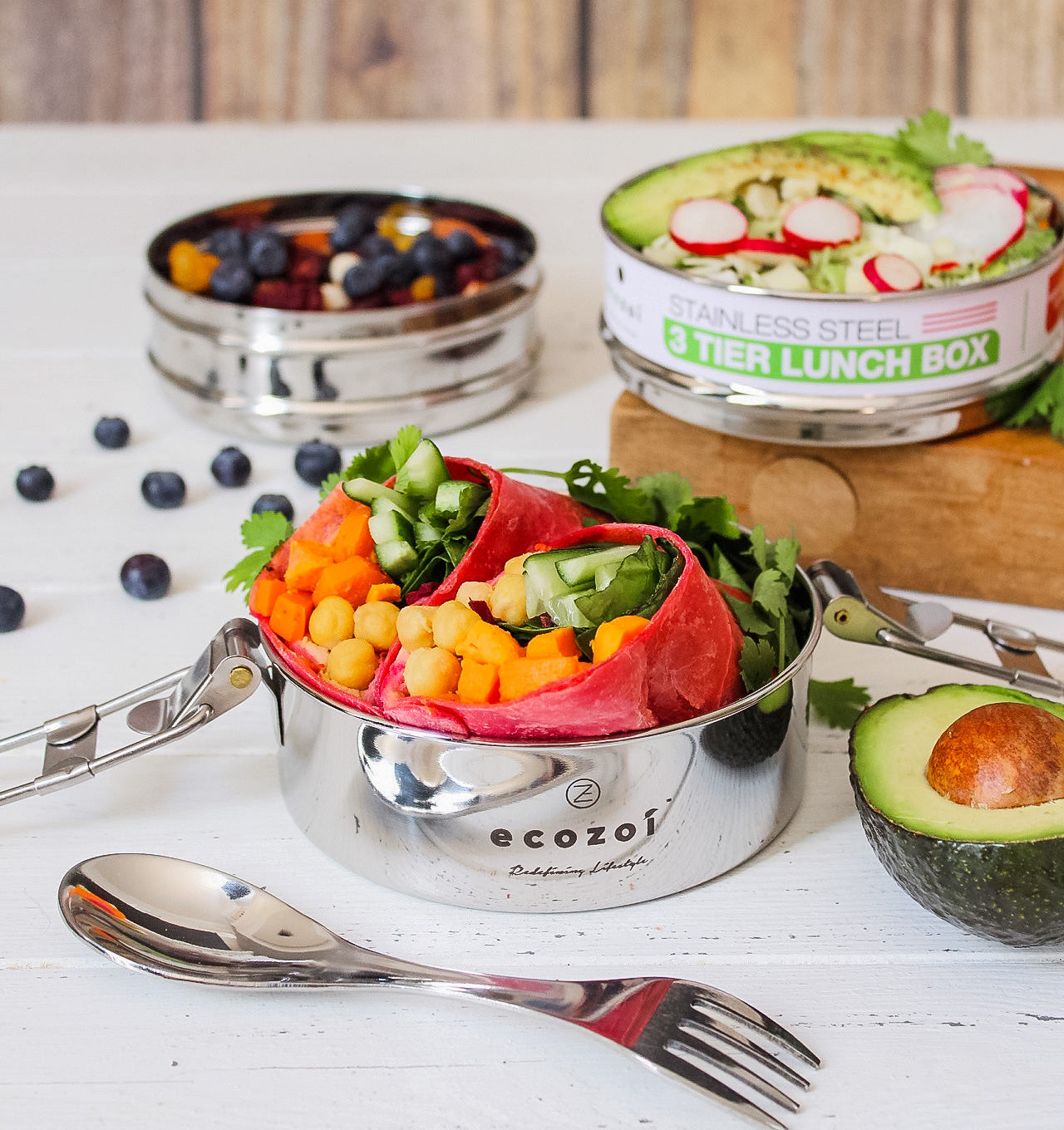 Stainless Steel Lunch Box, 3 Tier Round with Spork, 40 Oz