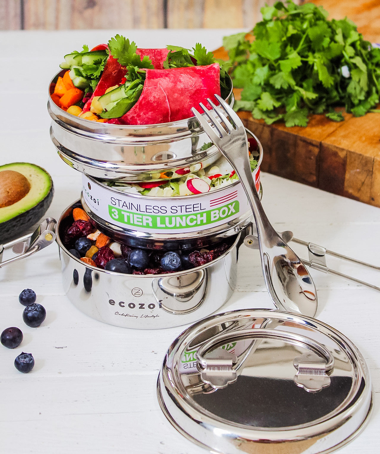 Stainless Steel Lunch Box, 3 Tier Round with Spork, 40 Oz