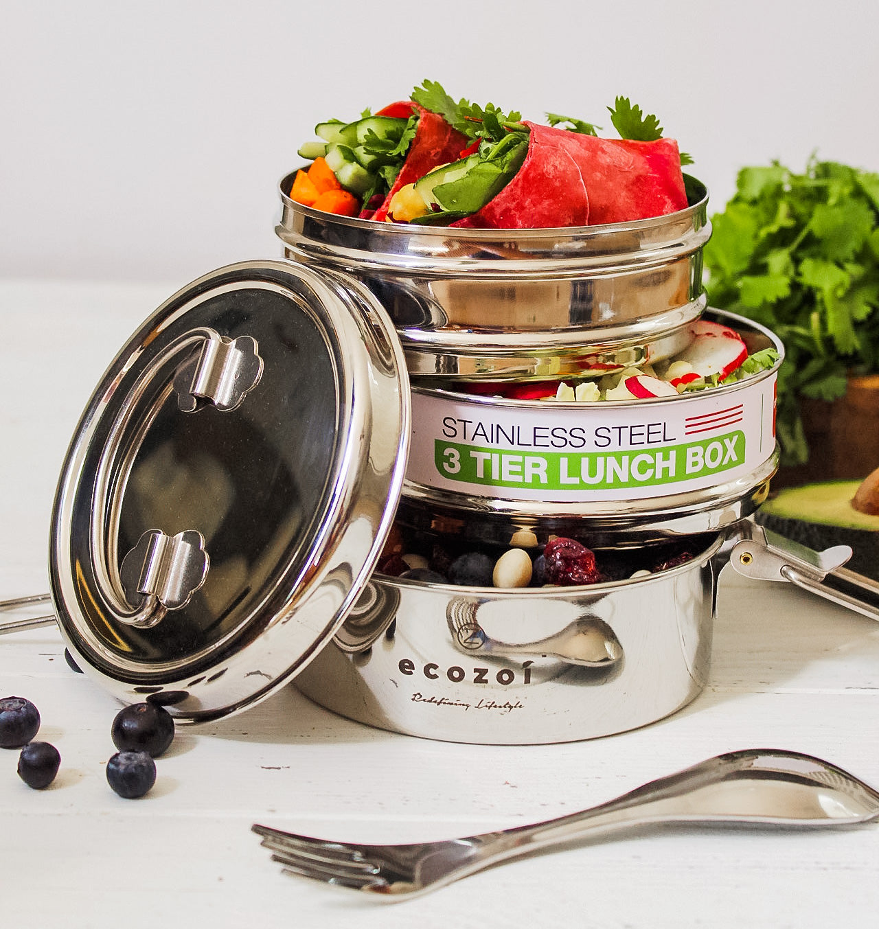 Stainless Steel Lunch Box, 3 Tier Round with Spork - Thumbnail 2