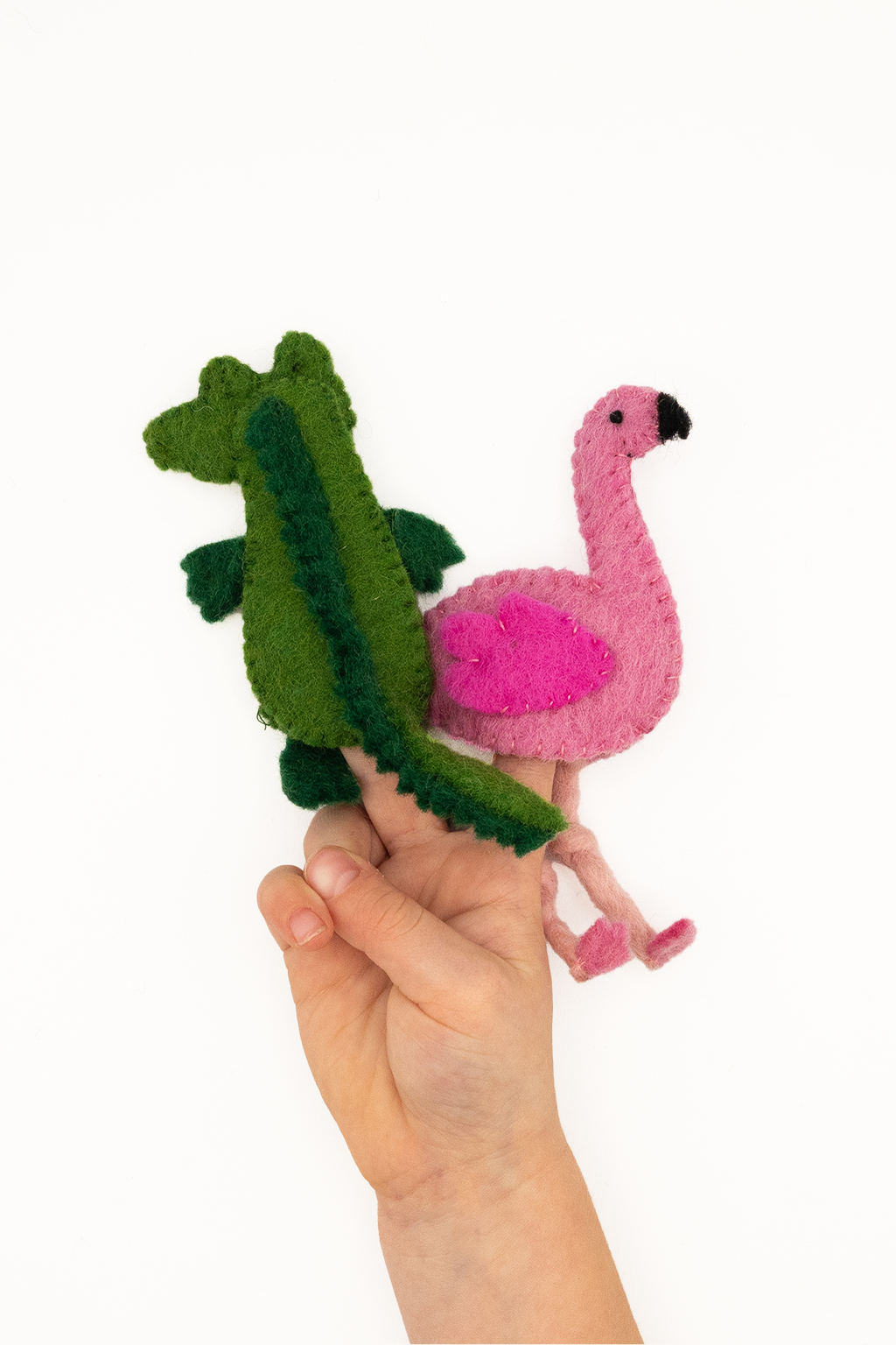 Alligator & Flamingo Finger Puppet Set – Handmade Wool Felt Pretend Play Toy