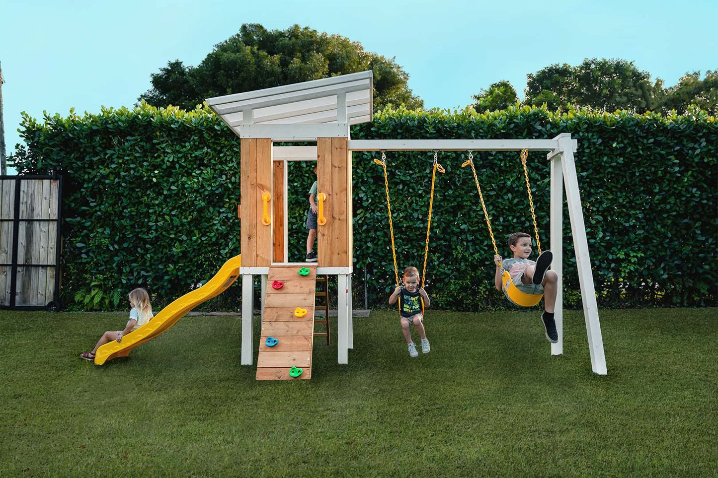 Avenlur Forest: Modern Eco-Friendly Non-Toxic Backyard Wooden Swing Set with Slide, Fort & Rock Wall for Up to 7 Kids