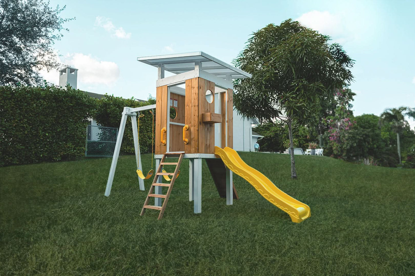 Avenlur Forest: Modern Eco-Friendly Non-Toxic Backyard Wooden Swing Set with Slide, Fort & Rock Wall for Up to 7 Kids