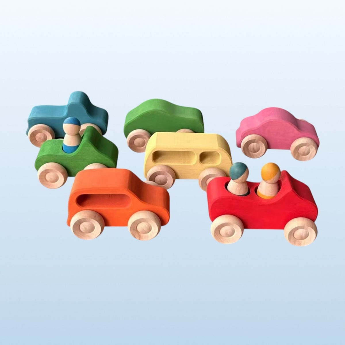Green Elephant 7-Piece Wooden Rainbow Cars Set with 3 Peg Dolls