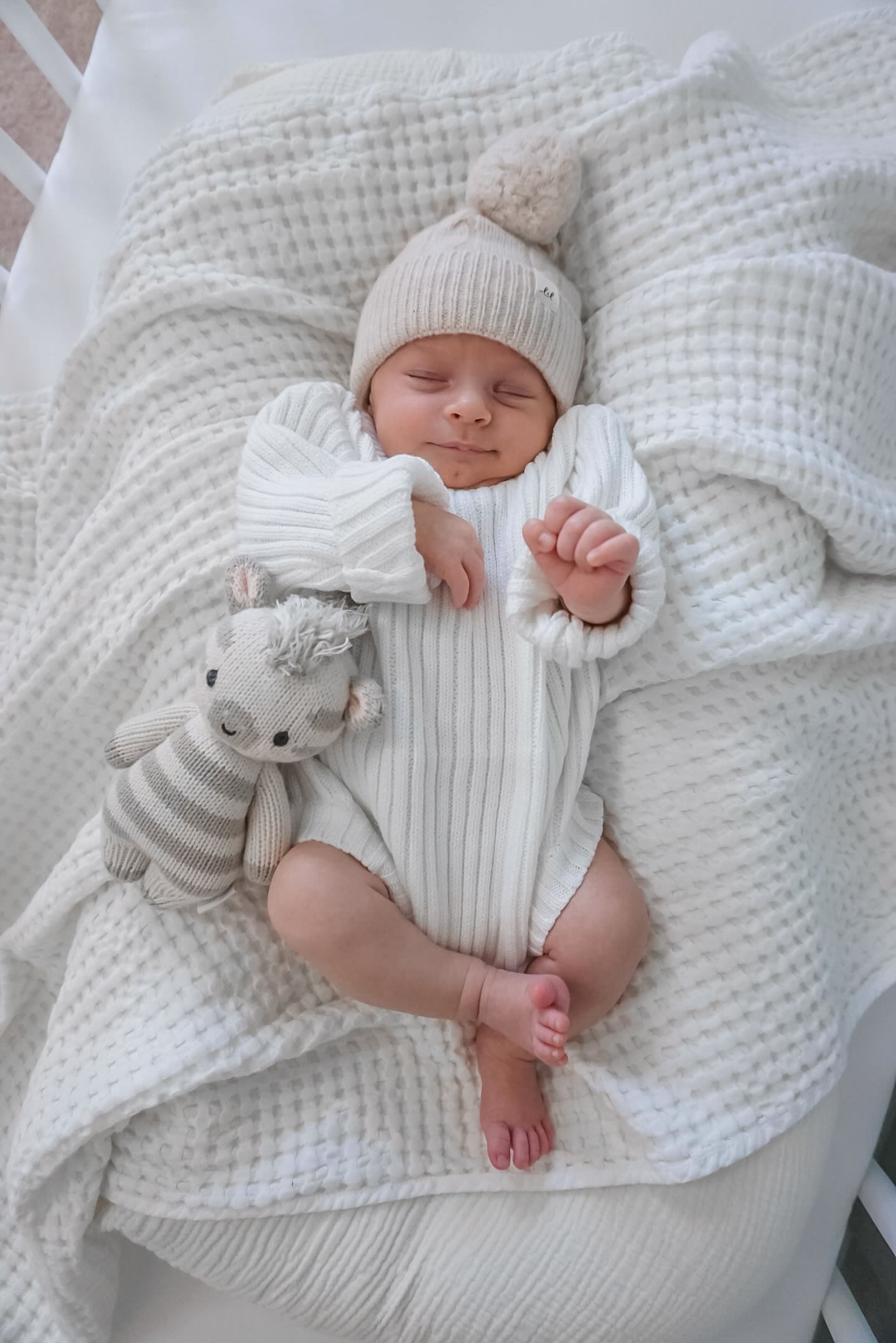 Luna + Luca Merino Wool Cable Knit Pom Baby Beanie - Sand