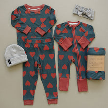 Load image into Gallery viewer, Navy + Red Hearts Ribbed Bamboo Cozy Set
