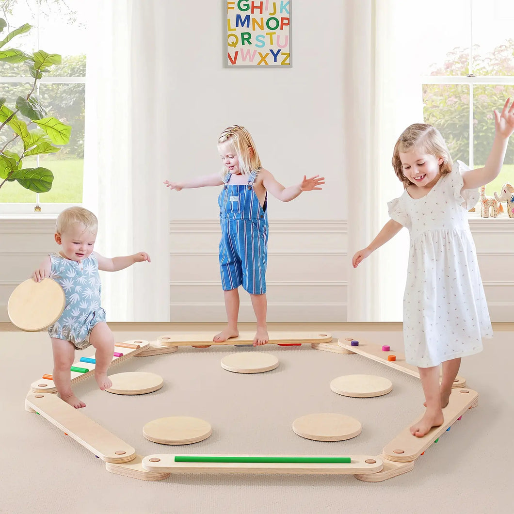 3 kids playing on balance beam wooden eco-friendly non-toxic montessori by tiny land