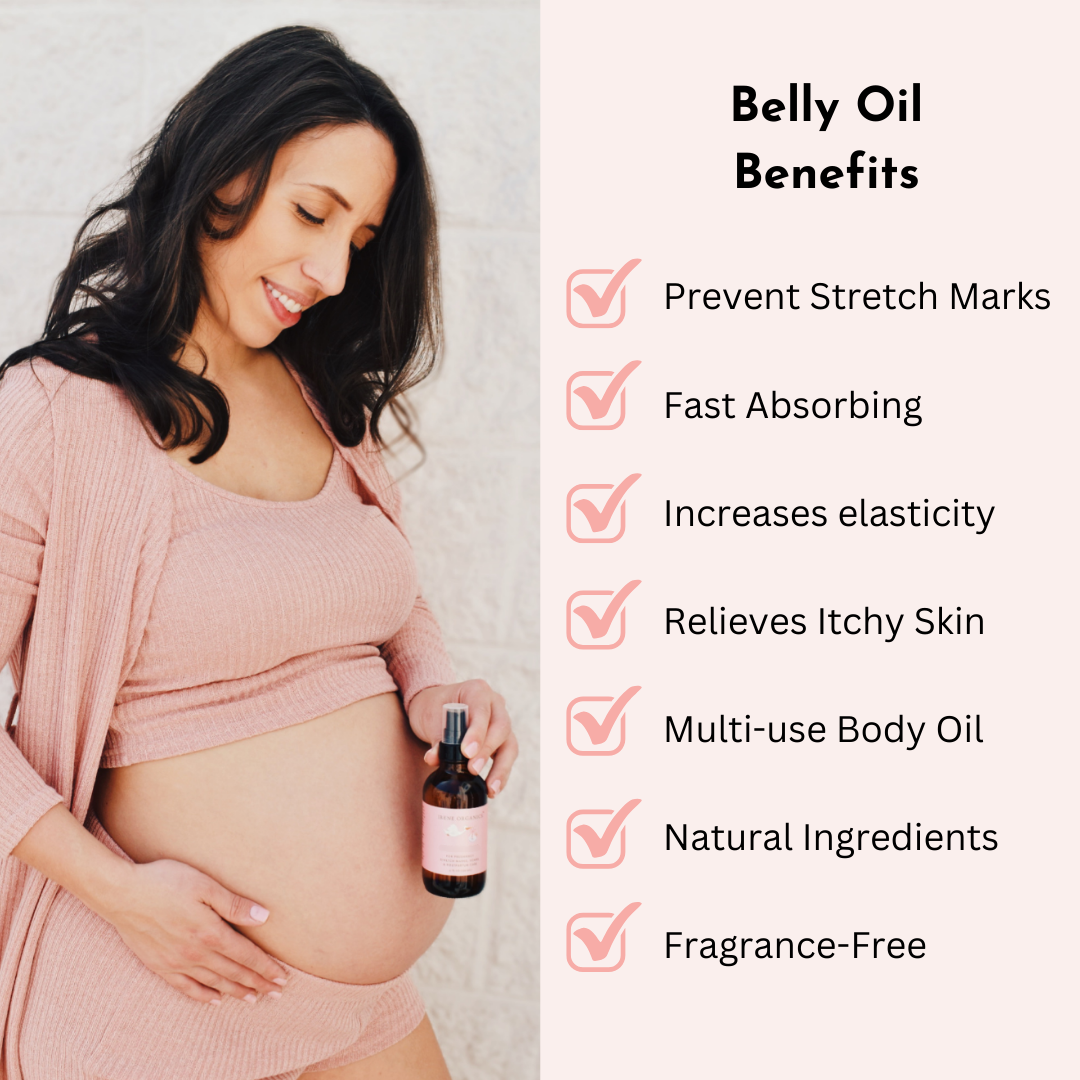 Pregnant woman holding belly oil with benefits listed on a light gray background
