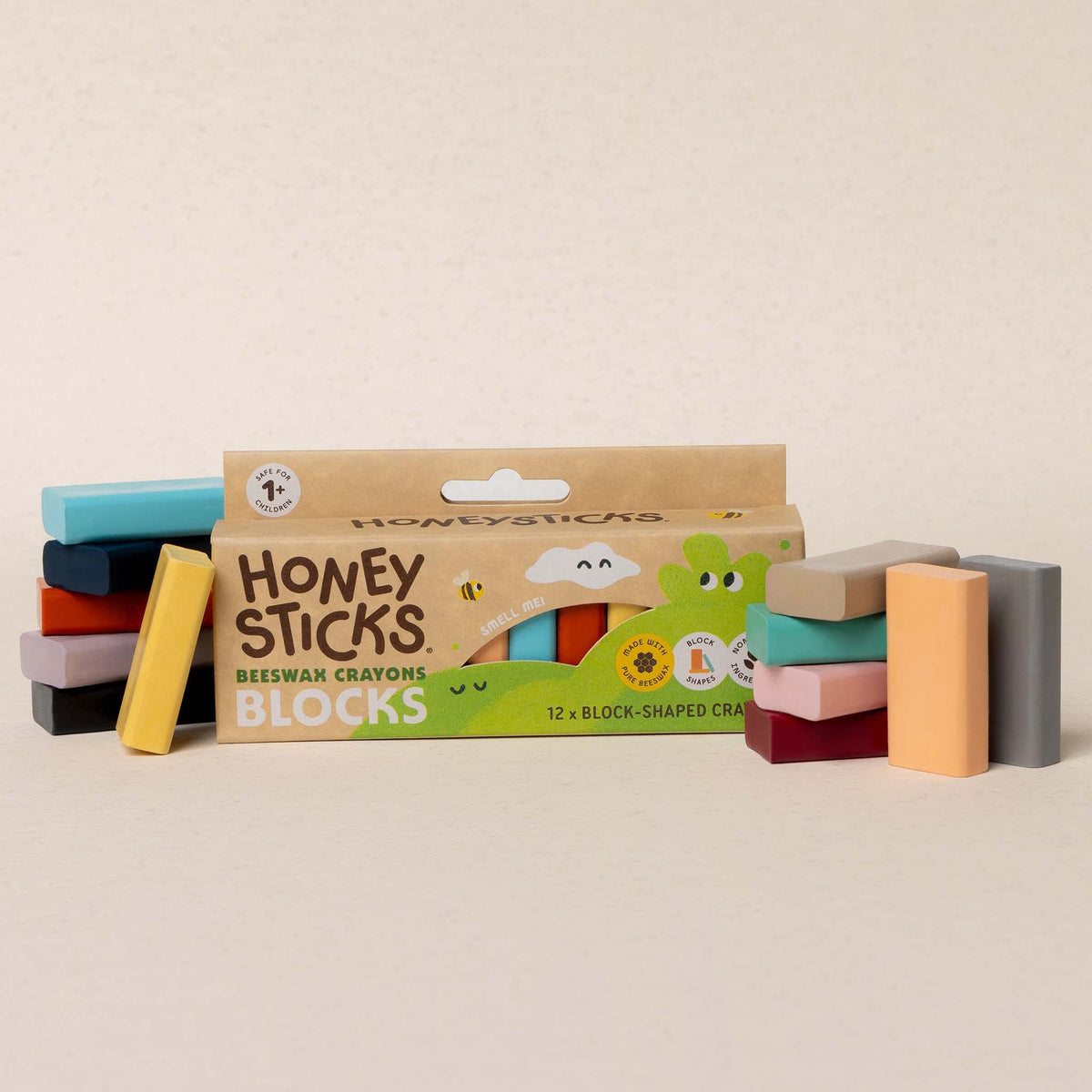 Honeysticks Block Beeswax Crayons – Flat, Stackable, Classic & Pastel, 12 Pack
