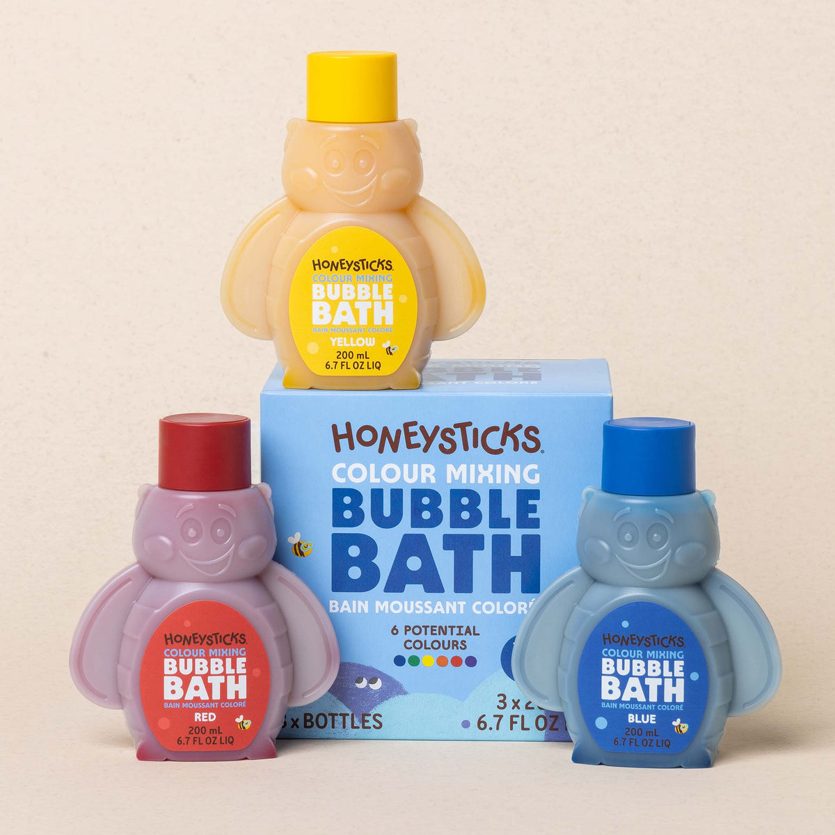 Honeysticks Color Mixing Bubble Bath for Kids – Plant-Based, No Synthetic Fragrance, 3 × 200 ml