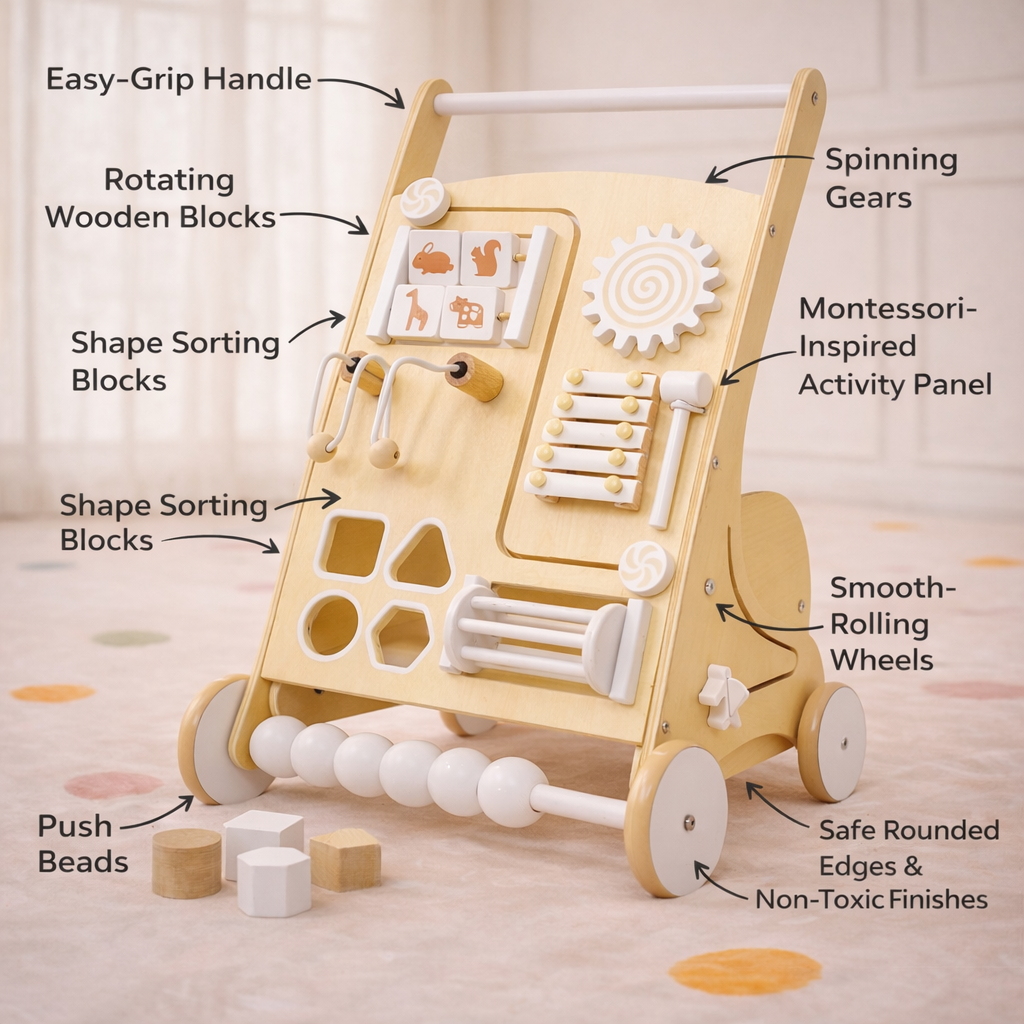 Avenlur Wooden Baby Push Walker with Activity Panel – Montessori Sensory Walker