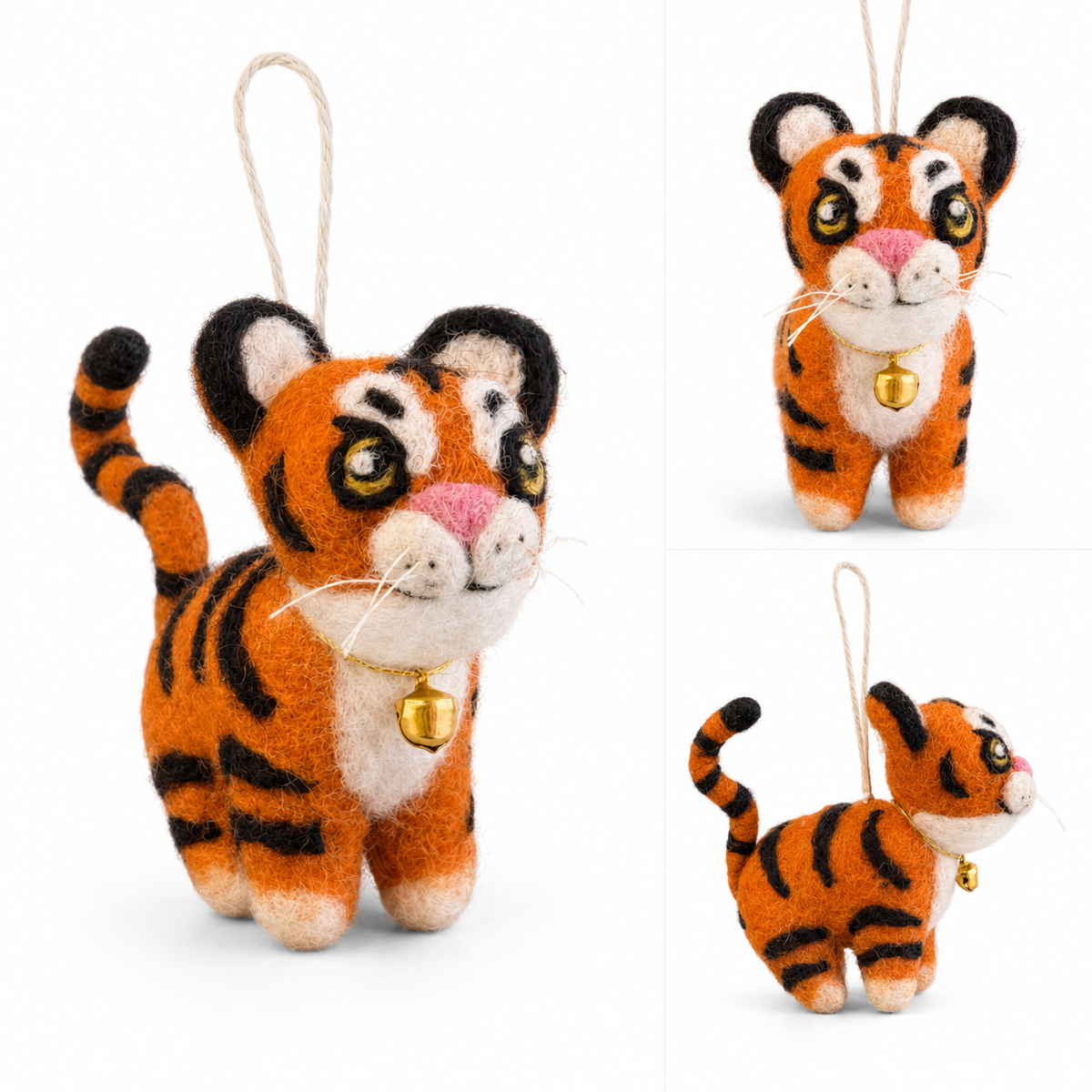 Tiger Christmas Ornament with Bell – Handmade Wool Felt Holiday Decor
