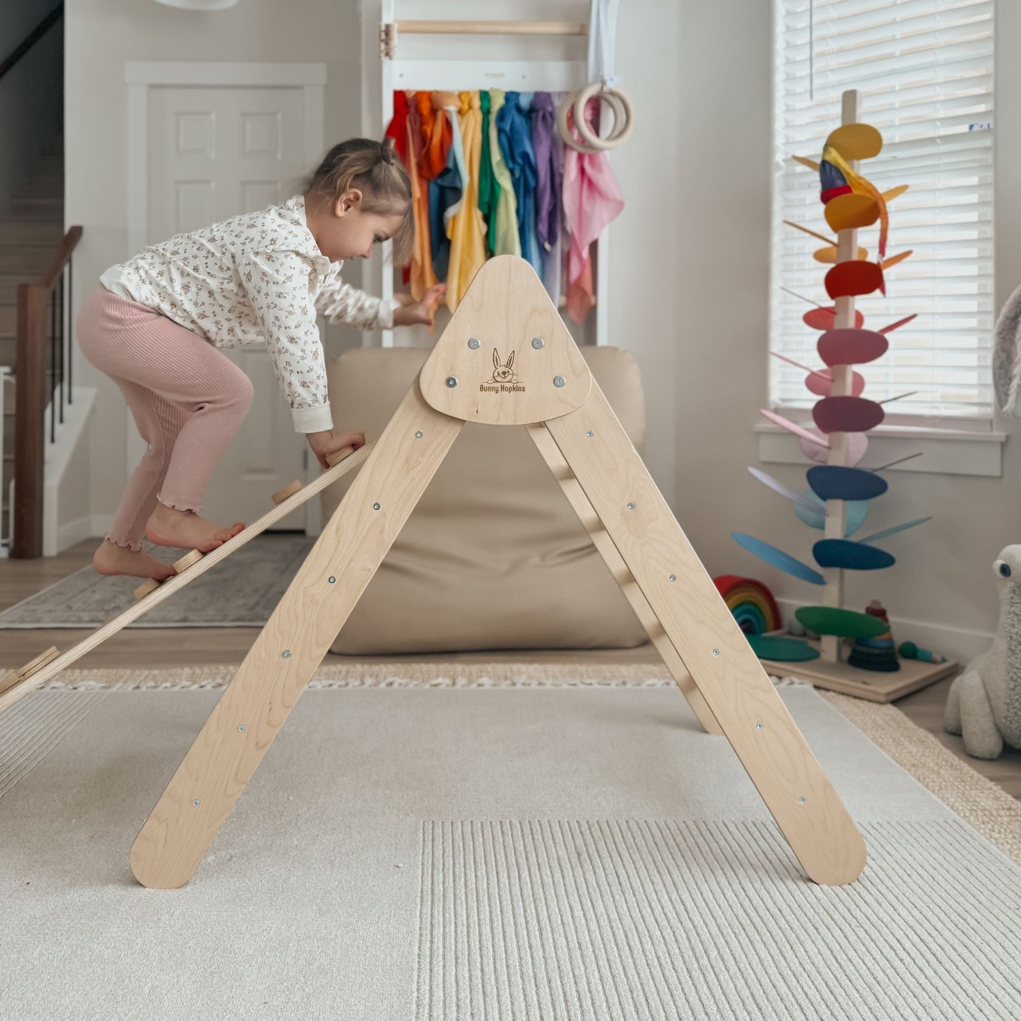 Bunny Hopkins Eco-Friendly Wooden Climber Pikler Triangle Set | Rockwall, Slide, Ladder