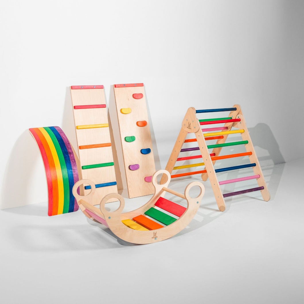 Bunny Hopkins Eco-Friendly Wooden Climber Pikler Triangle Set | Rockwall, Slide, Ladder