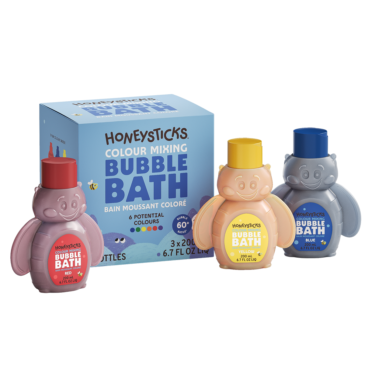 Honeysticks Color Mixing Bubble Bath for Kids – Plant-Based, No Synthetic Fragrance, 3 × 200 ml