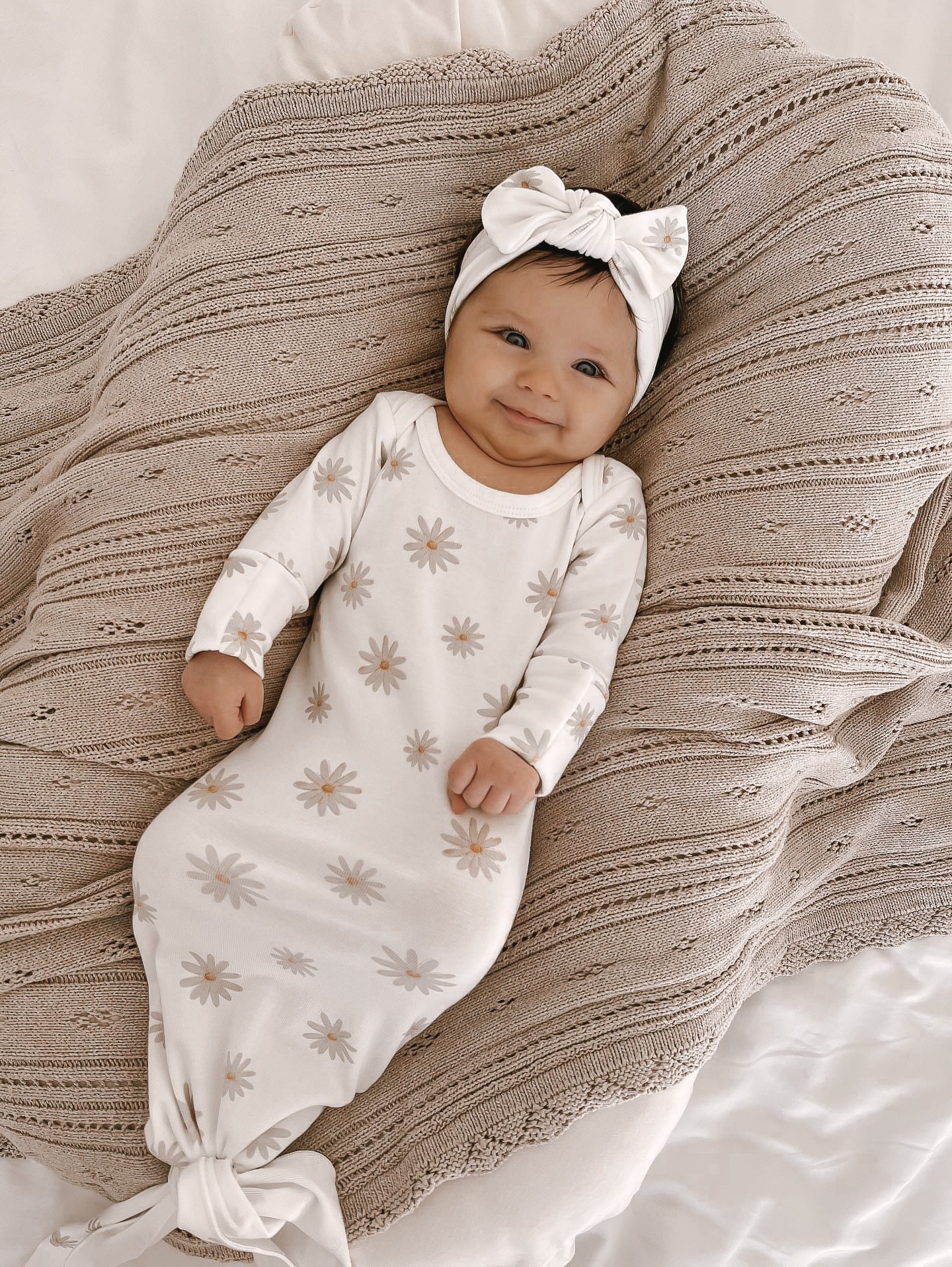 Luna + Luca Floral Baby Girl Bamboo Knotted Gown + Bow