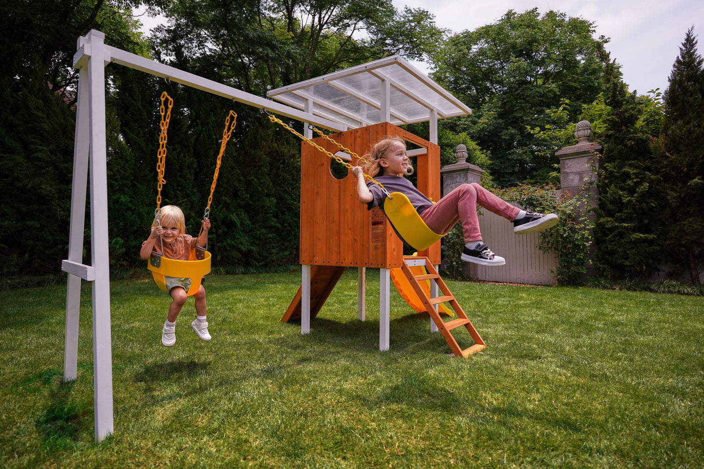 Avenlur Forest: Toddler-Friendly Small Eco-Friendly Non-Toxic Wooden Swing Set with Slide, Fort & Rock Wall