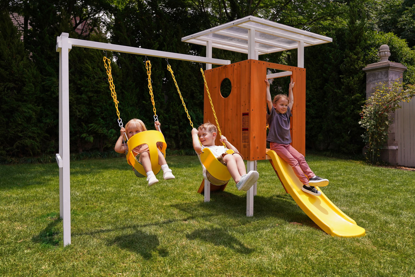Avenlur Forest: Toddler-Friendly Small Eco-Friendly Non-Toxic Wooden Swing Set with Slide, Fort & Rock Wall