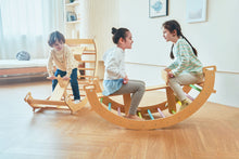 Load image into Gallery viewer, kids playing on wooden eco-friendly indoor seesaw arch rocker toy by avenlur
