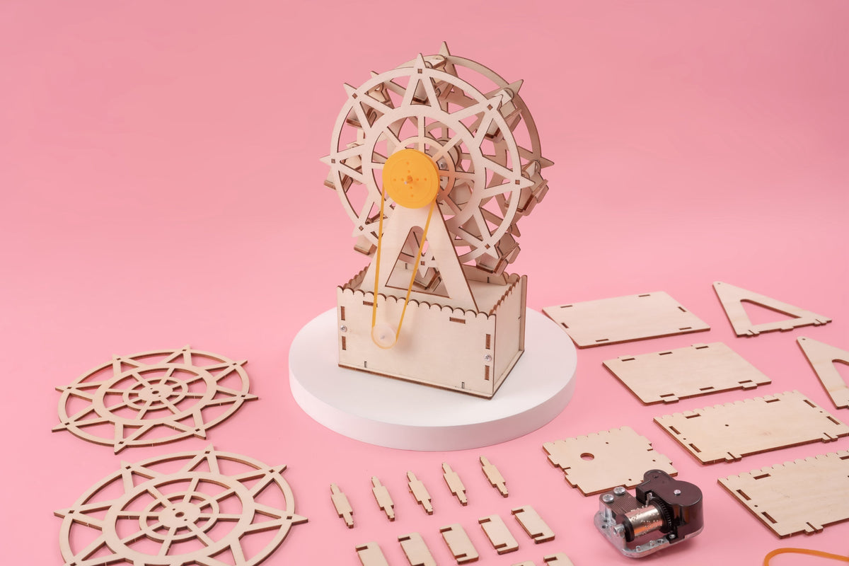 Kitsville Music Box Ferris Wheel DIY Kit – Wooden STEM Building Kit for Kids 8+